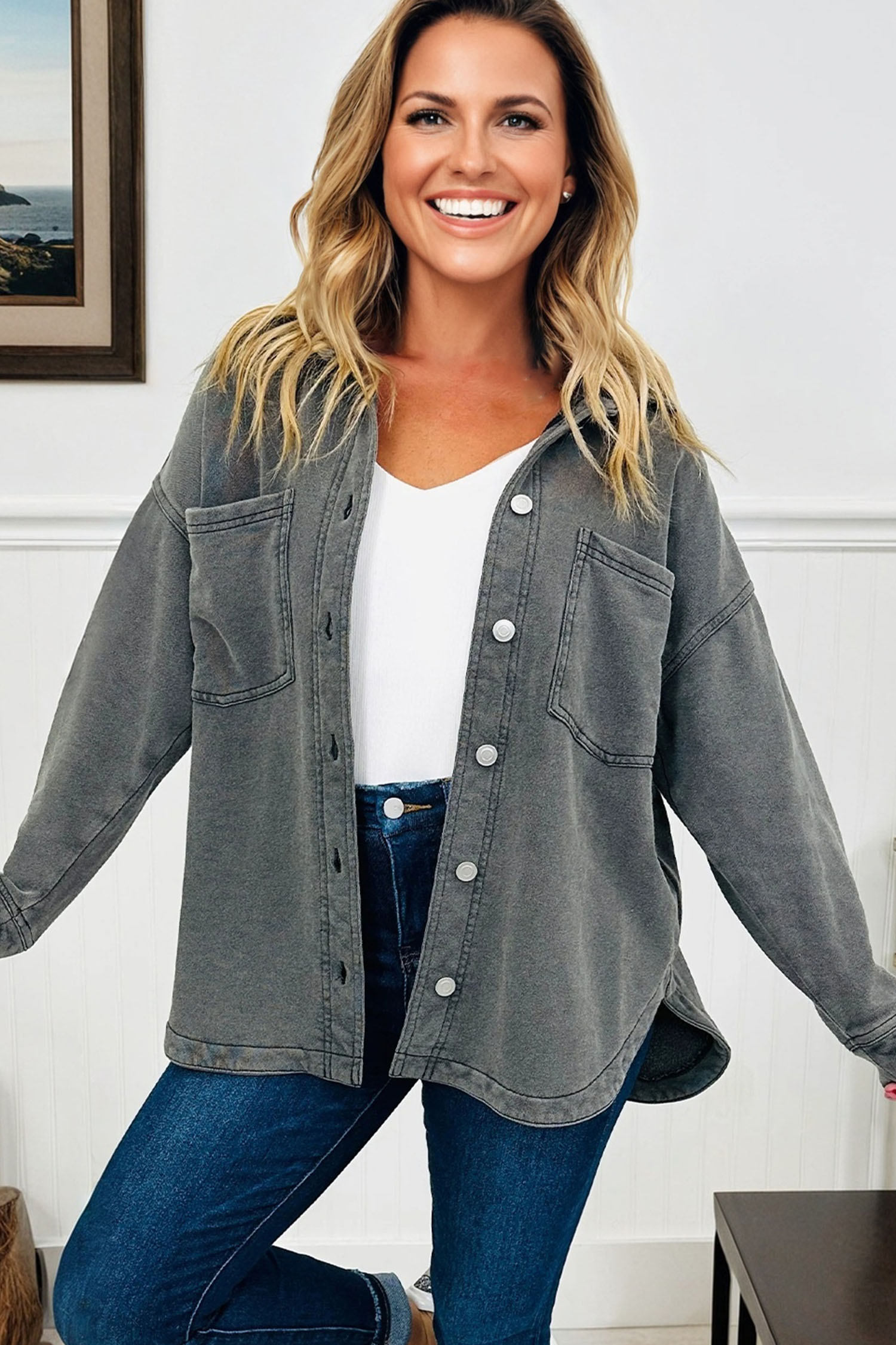 Medium Grey Mineral Wash Chest Pockets Drop Shoulder Shacket with Side Slit - loveforevers