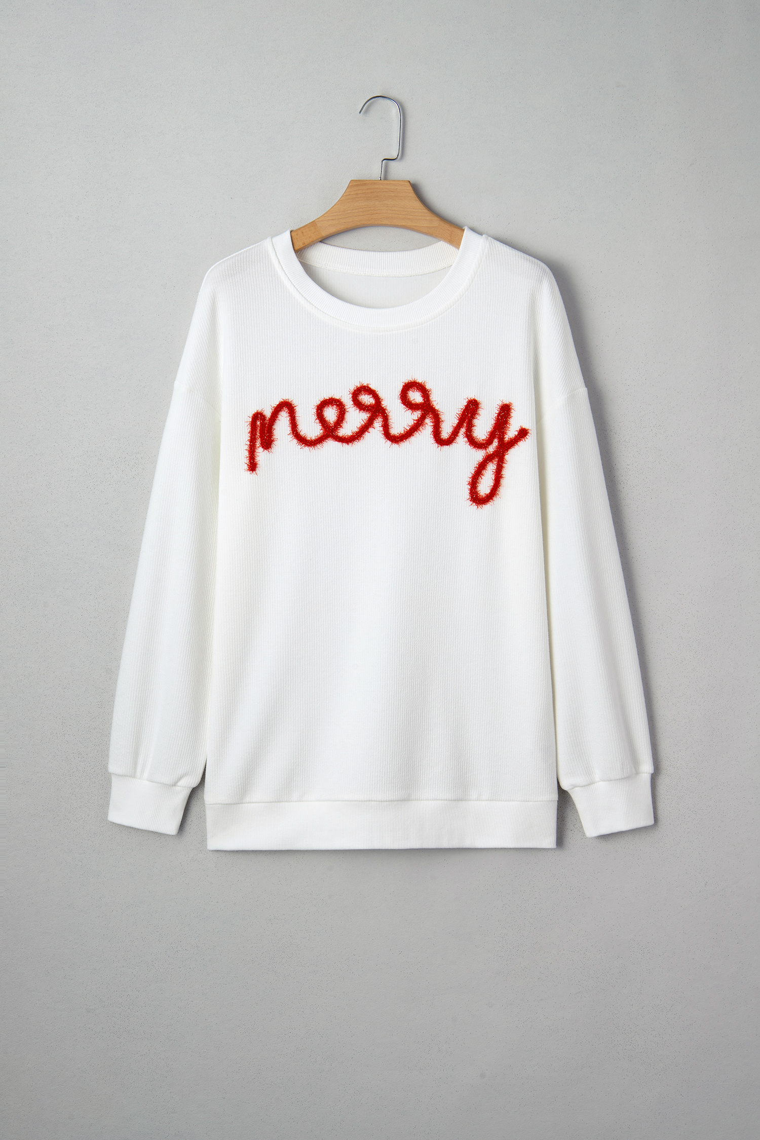 White Merry Tinsel Letter Embroidery Ribbed Drop Shoulder Sweatshirt - loveforevers