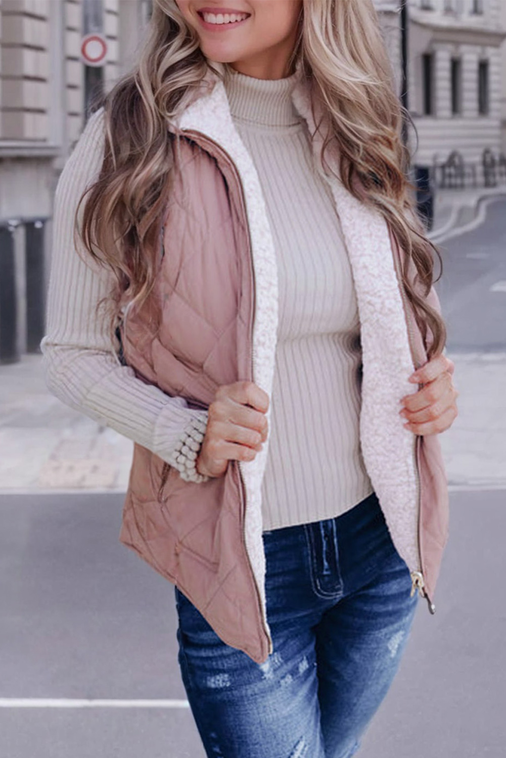Pink Fleece Lined Quilted Vest Coats - loveforevers