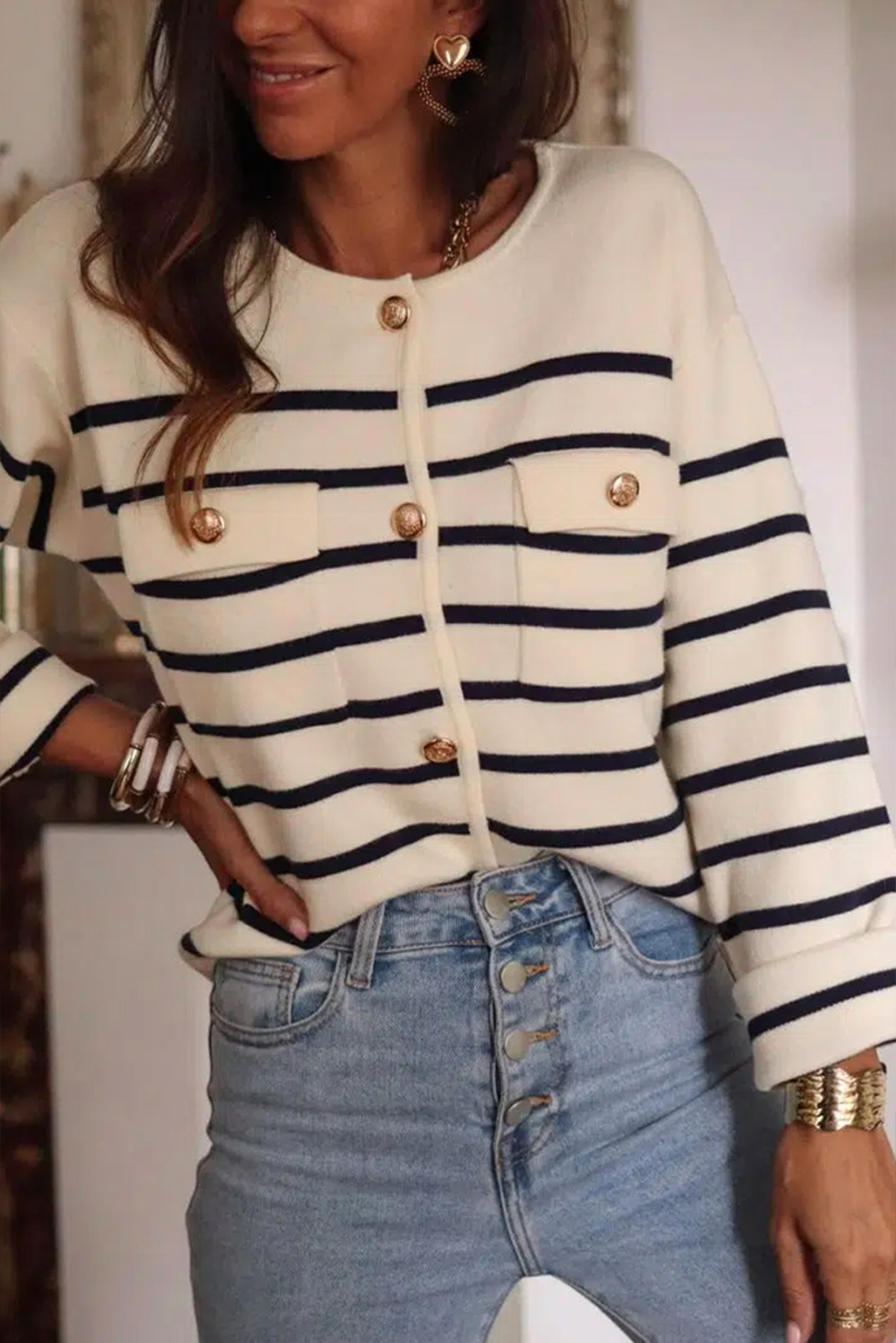Black Stripe Flap Pocket Buttoned Cardigan Sweater - loveforevers