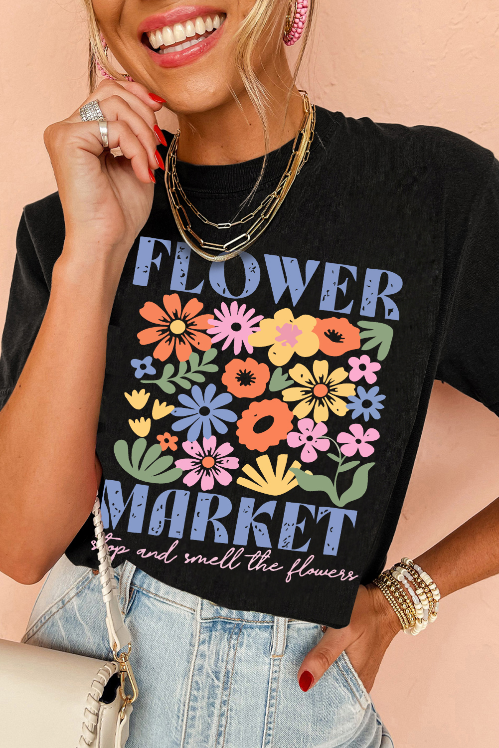 Black FLOWER MARKET Cotton Blend T Shirt - loveforevers