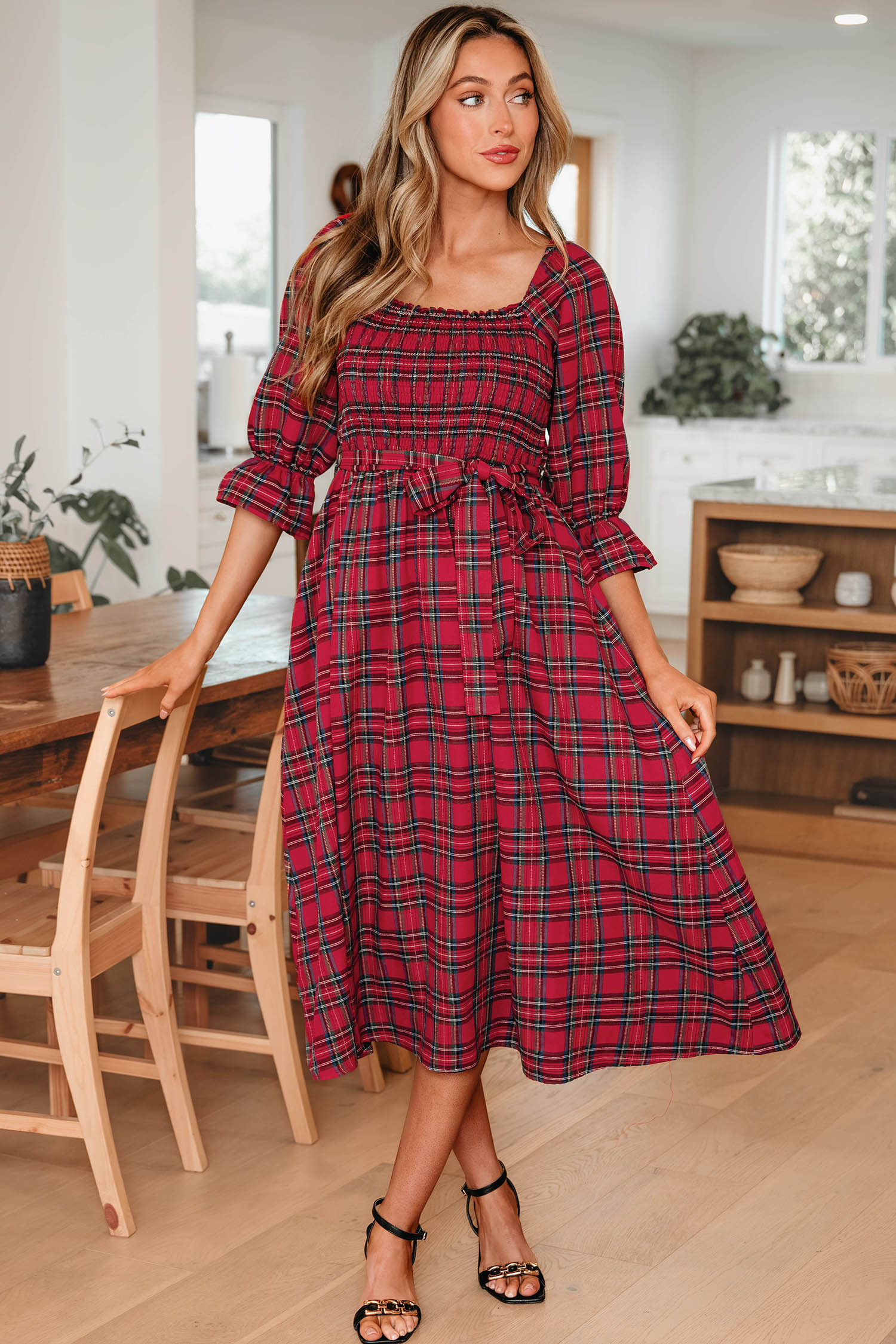 Red Tartan Plaid Square Neck Puff Sleeve Knot Waist Flared Midi Dress - loveforevers
