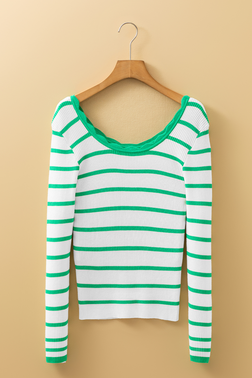 Black white Scalloped Trim U Neck Striped Ribbed Slim Sweater - loveforevers
