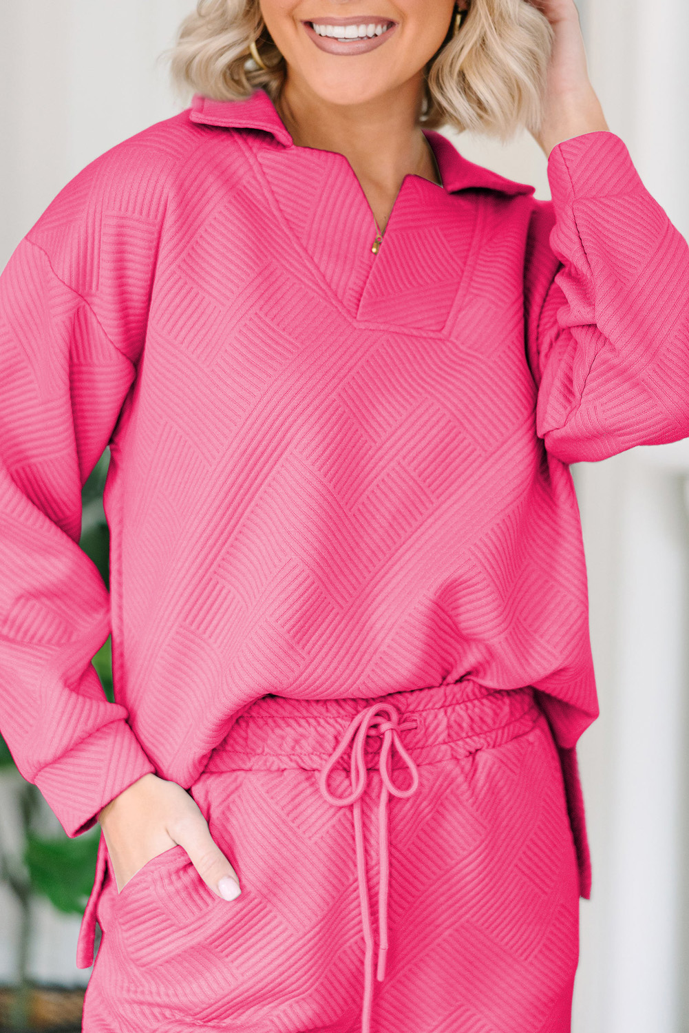 Sail Blue Solid Textured Collared V Neck Top and Wide Leg Pants Set - loveforevers