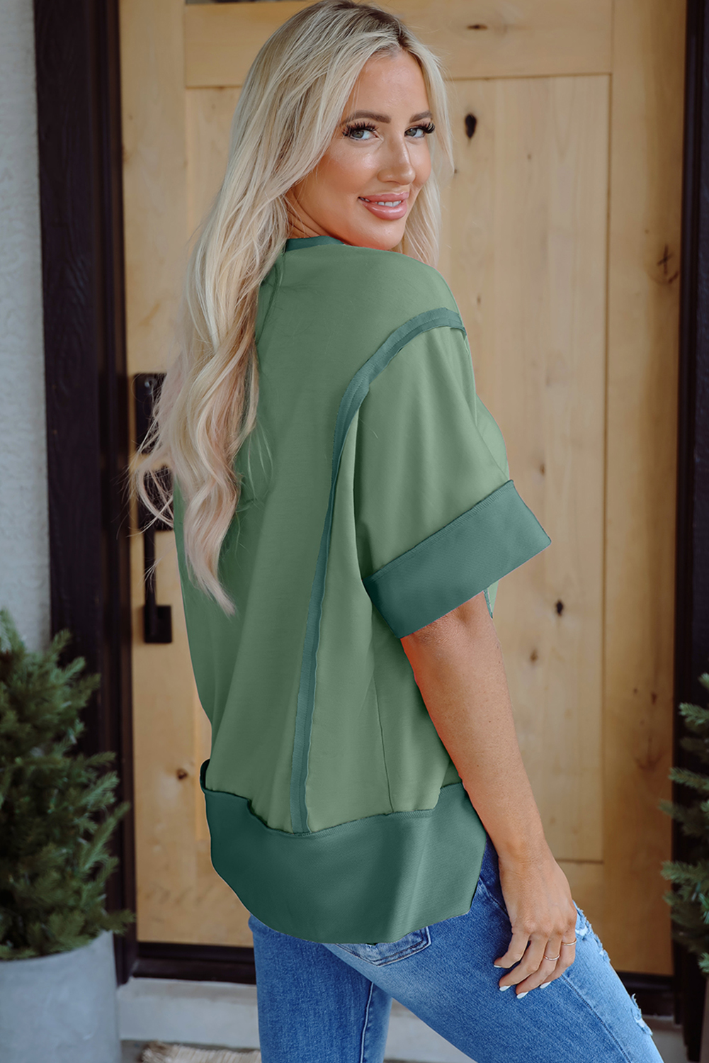 Smoke Green Half Sleeve Raw Seam High Low Side Split Top - loveforevers
