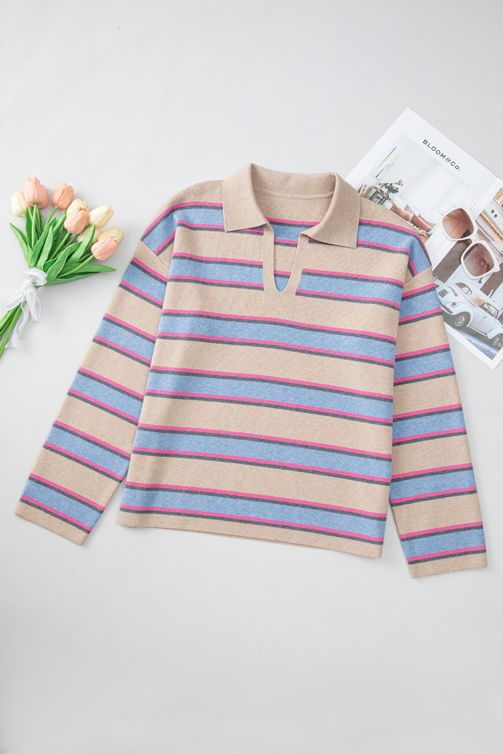 Apricot Stripe Collared V Neck Drop Shoulder Loose Sweater - loveforevers