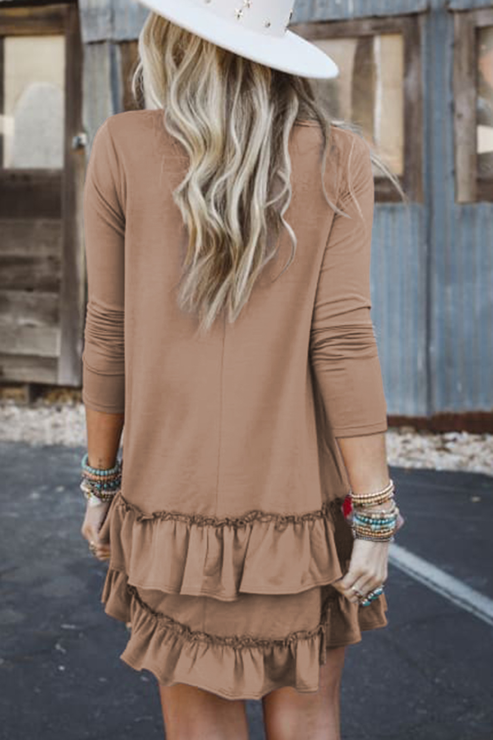Goat Scoop Neck Tiered Ruffled Hem Long Sleeve Mini Dress - loveforevers