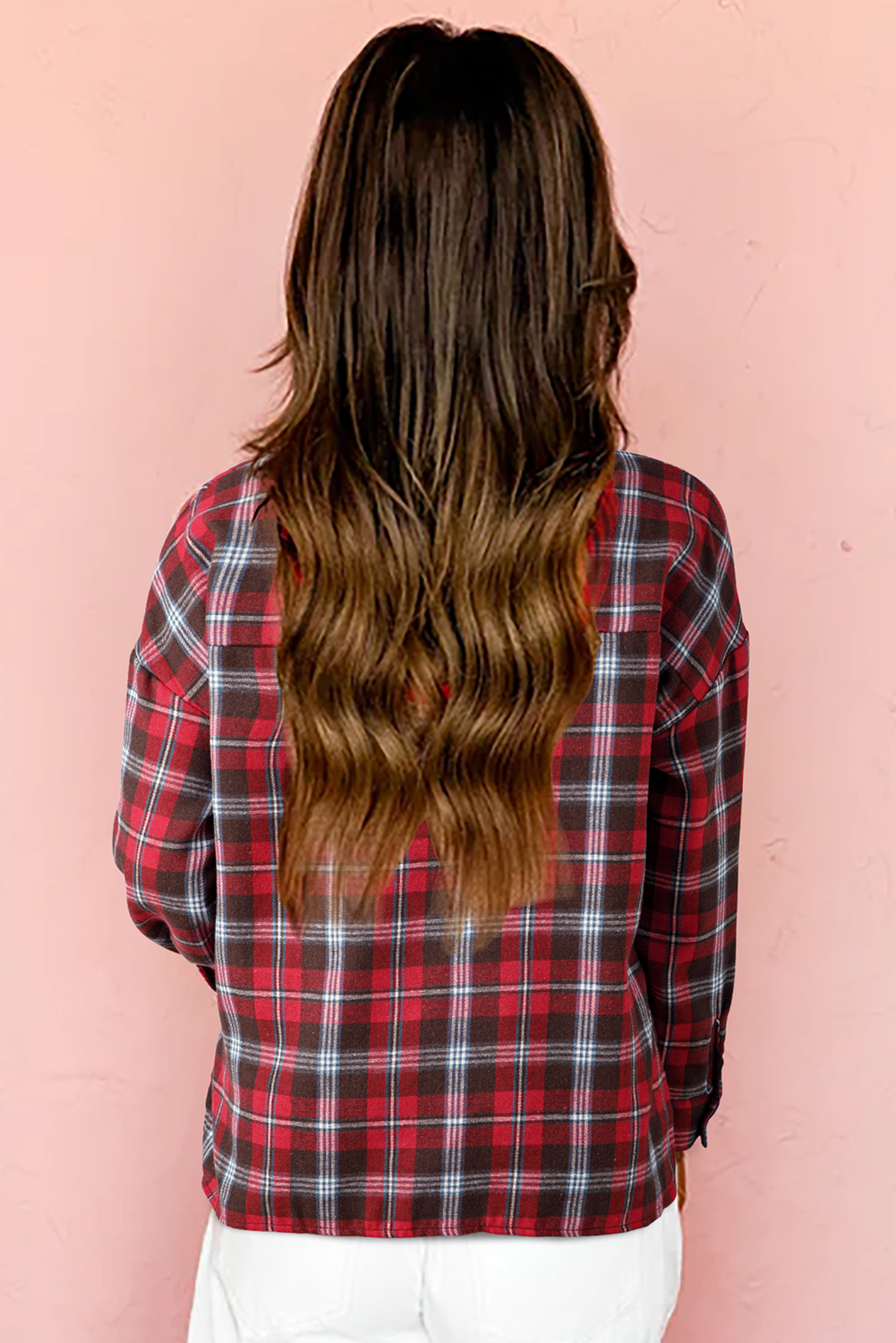 Red Plaid Print Collared V Neck Loose Blouse with Side Slits - loveforevers