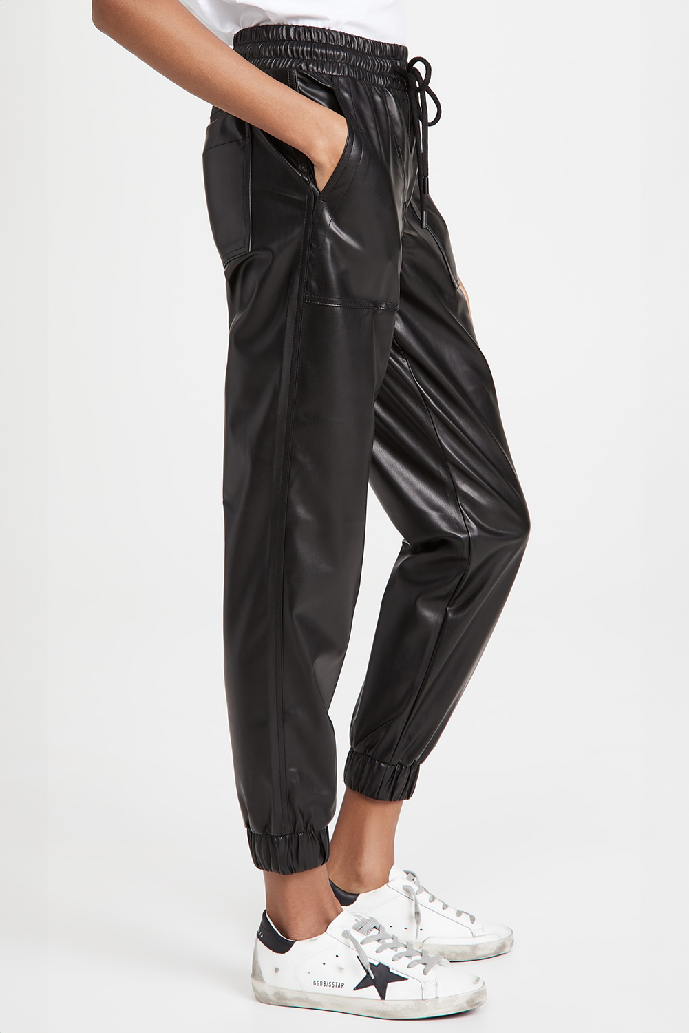 Black Faux Leather Ankle Smocked Waist Drawstring Joggers - loveforevers