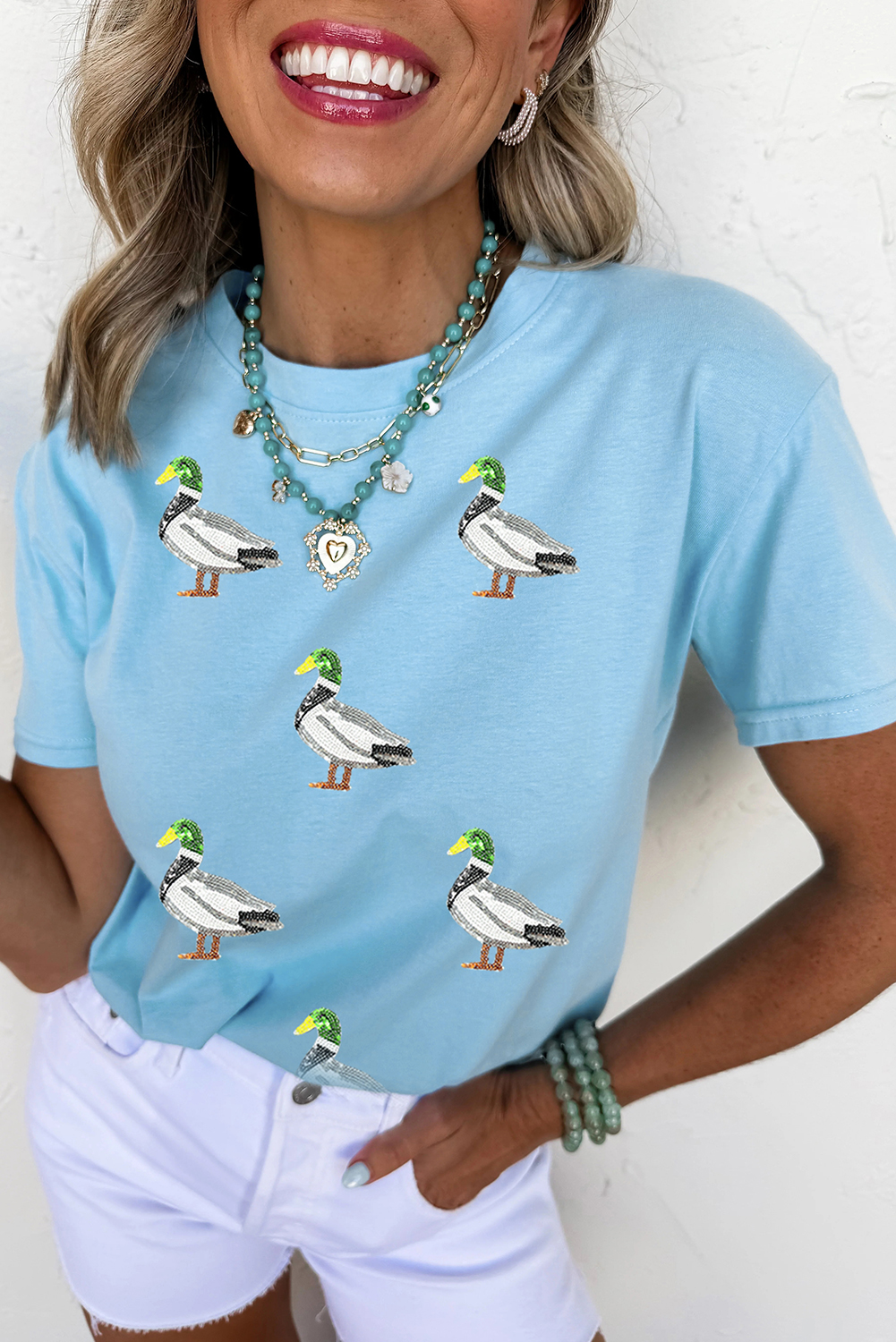 Light Blue Sequin Mallard Graphic Womens Casual Tee - loveforevers