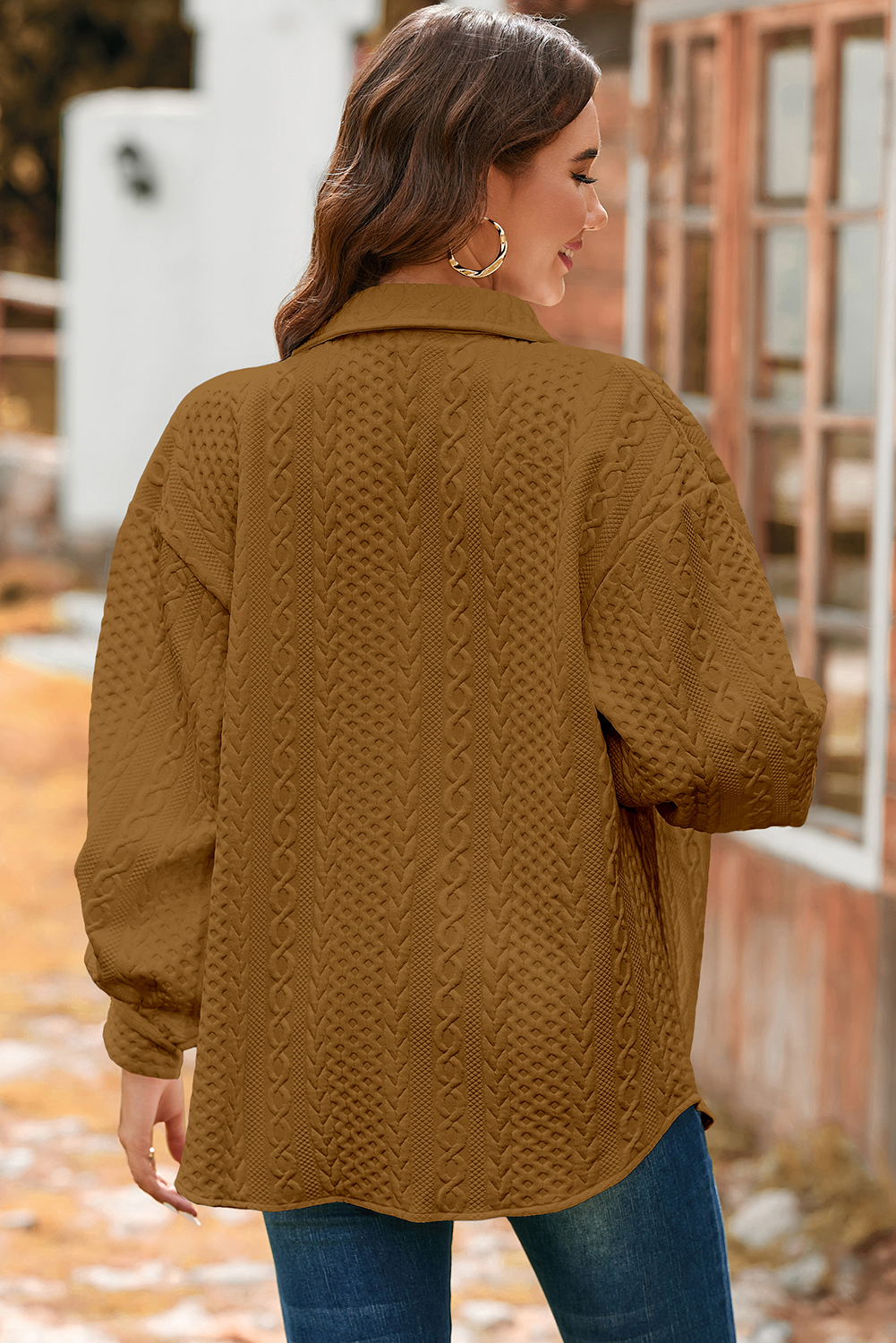 Sepia Rose Cable Texture Puff Sleeve Loose Shacket - loveforevers