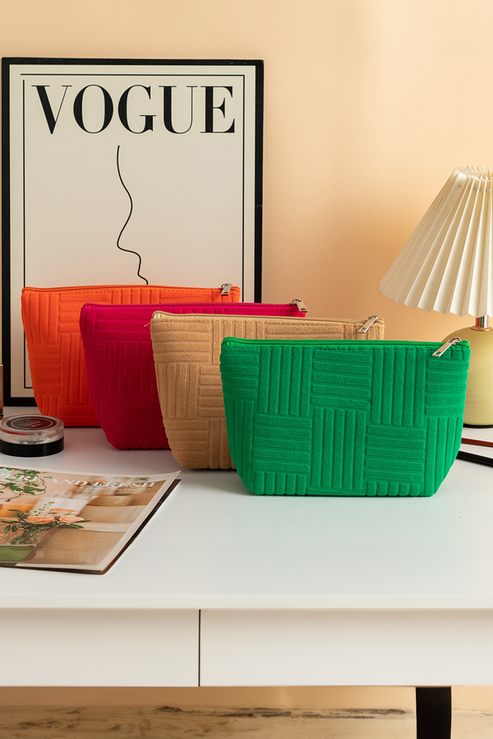 Dark Green Textured Woven Pattern Zipper Cosmetic Bag - loveforevers