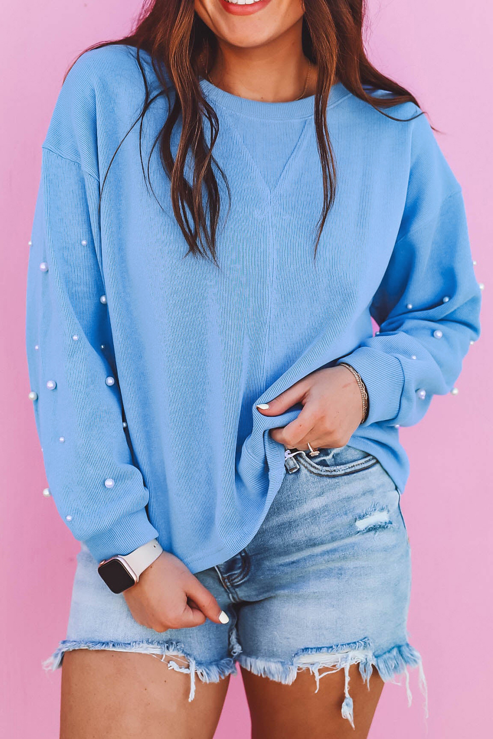 Myosotis Pearled Sleeves Drop Shoulder Round Neck Pullover Sweatshirt - loveforevers