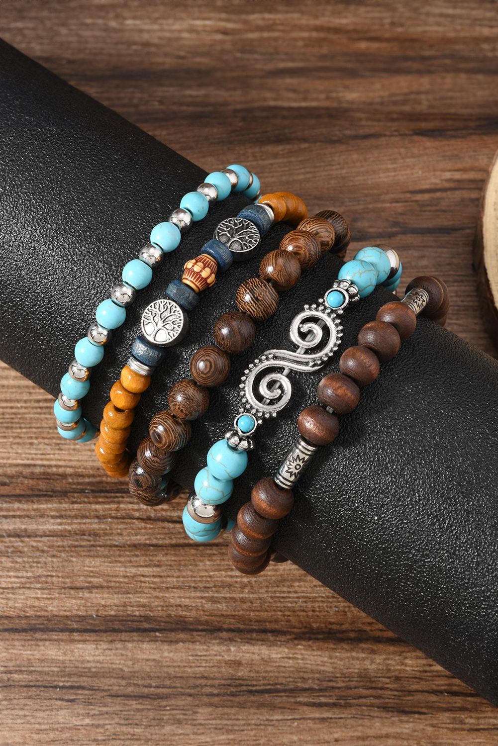 Cinnamon Boho 5pcs Turquoise Wood Beaded Elastic Bracelet Set - loveforevers