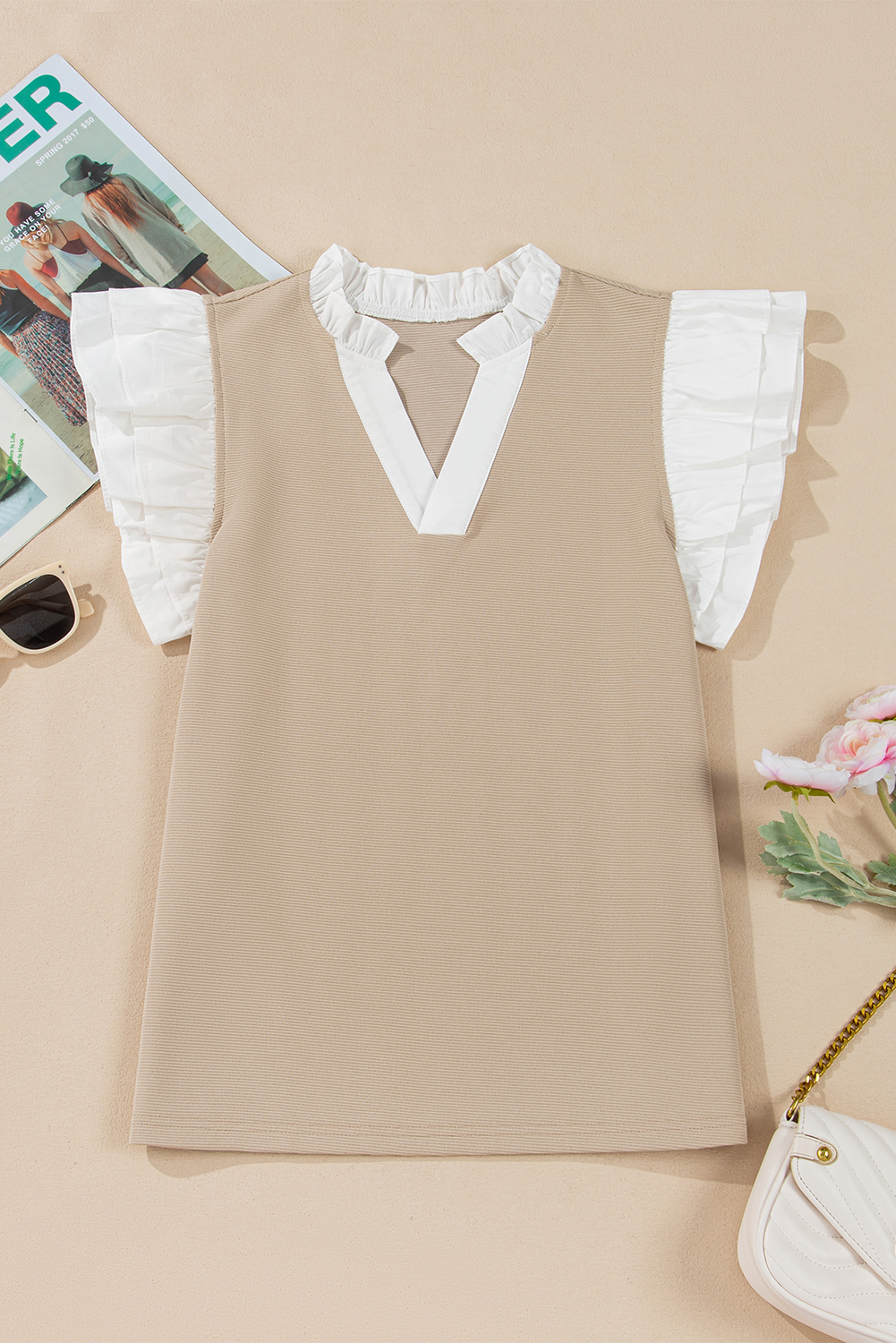 Pale Khaki Contrast V Neck Ruffled Textured Knit Top - loveforevers