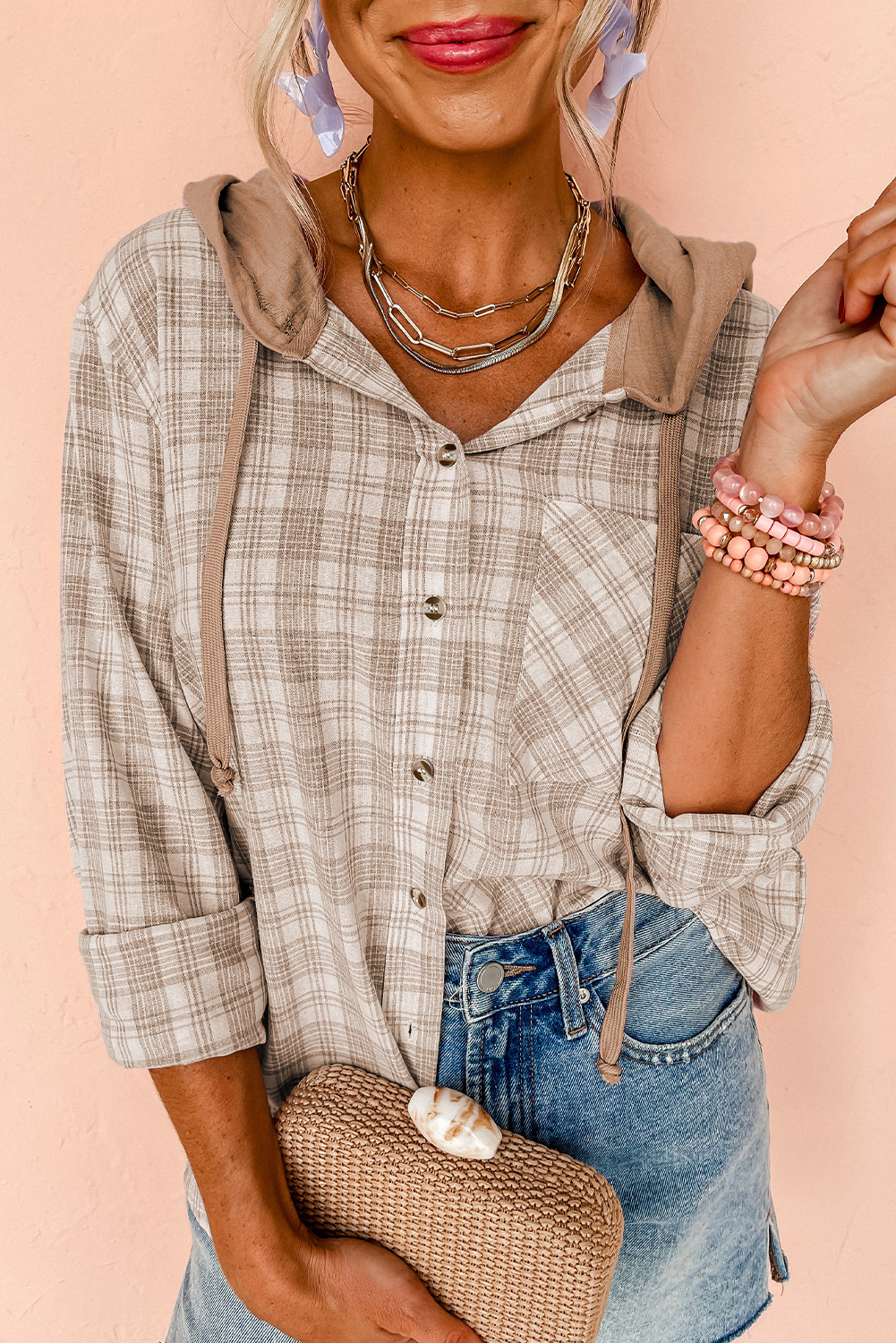 Khaki Checkered Print Loose Fit Buttoned Hooded Shacket - loveforevers