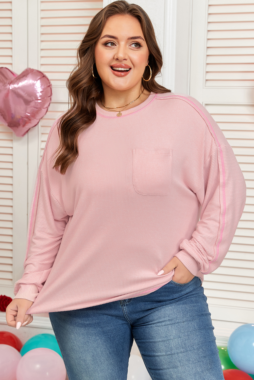 Bonbon Ribbed Exposed Seam Round Neck Chest Pocket Plus Knit Top - loveforevers