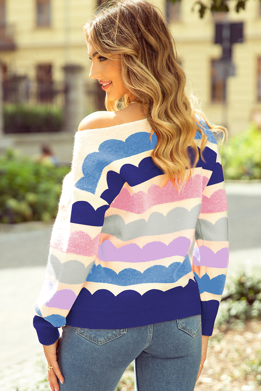 Rose Red Wave Striped Balloon Sleeve Drop Shoulder Sweater - loveforevers