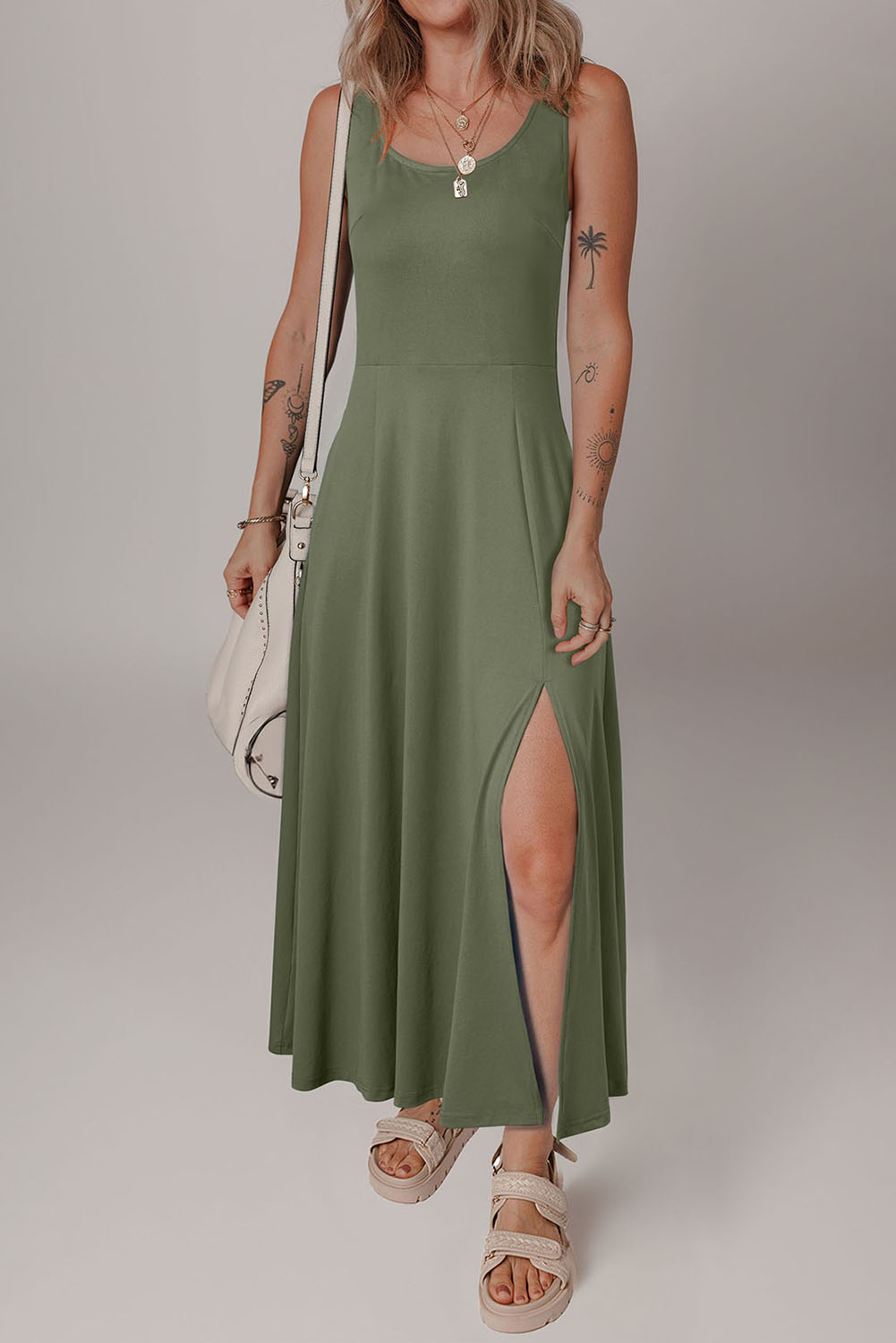 Black Sleeveless Scoop Neck Flared Split Midi Dress - loveforevers