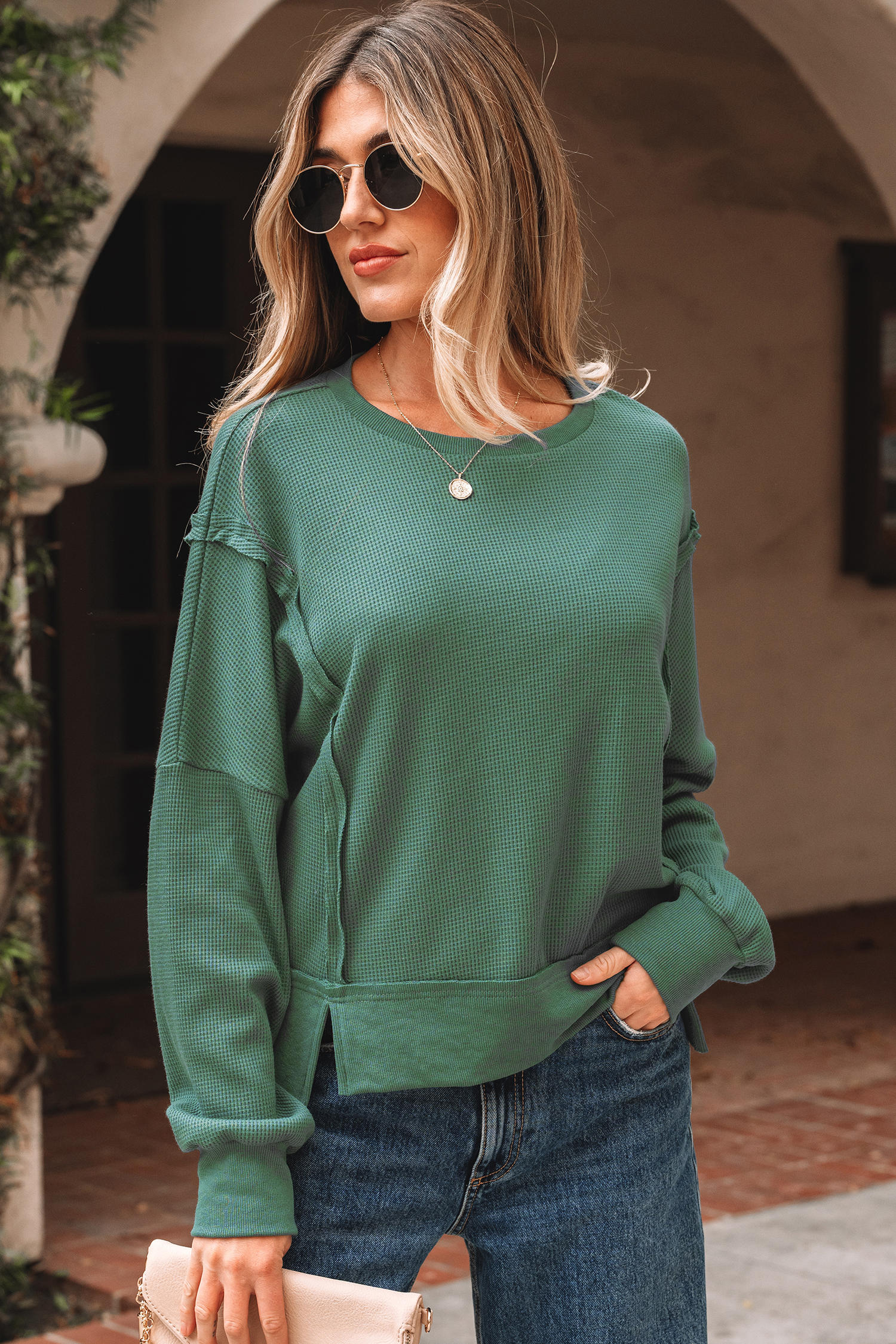 Evergreen Solid Color Raw Seam Patchwork Textured Drop Shoulder Sweatshirt - loveforevers