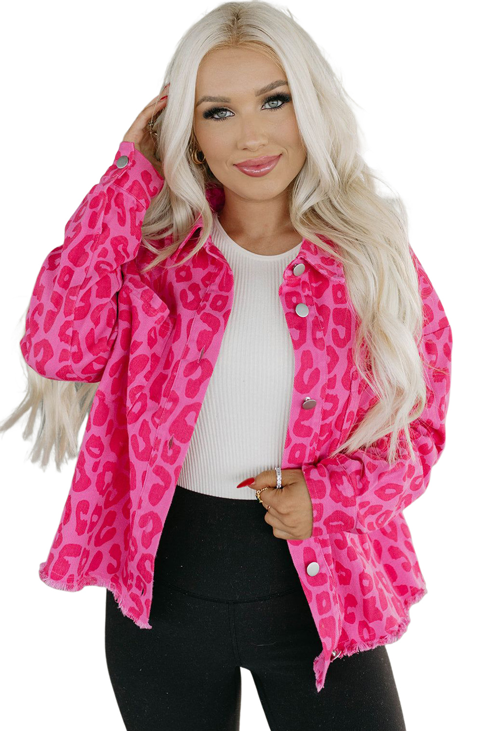 Pink Leopard Print Button Cuffs Raw Hem Jacket - loveforevers
