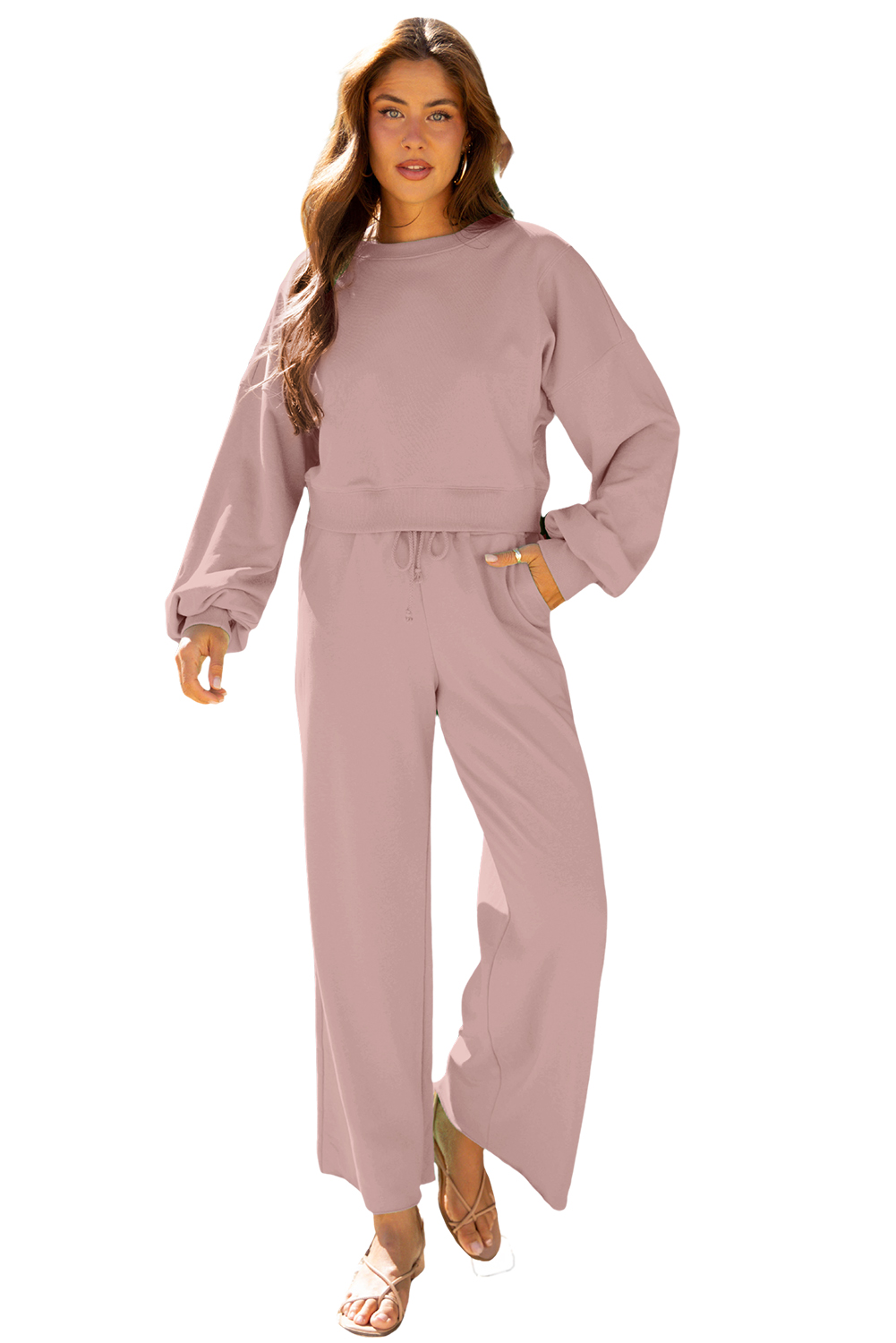 Bright Green Drop Shoulder Puff Sleeve Crop Pullover Drawstring Wide Leg Pants Set - loveforevers
