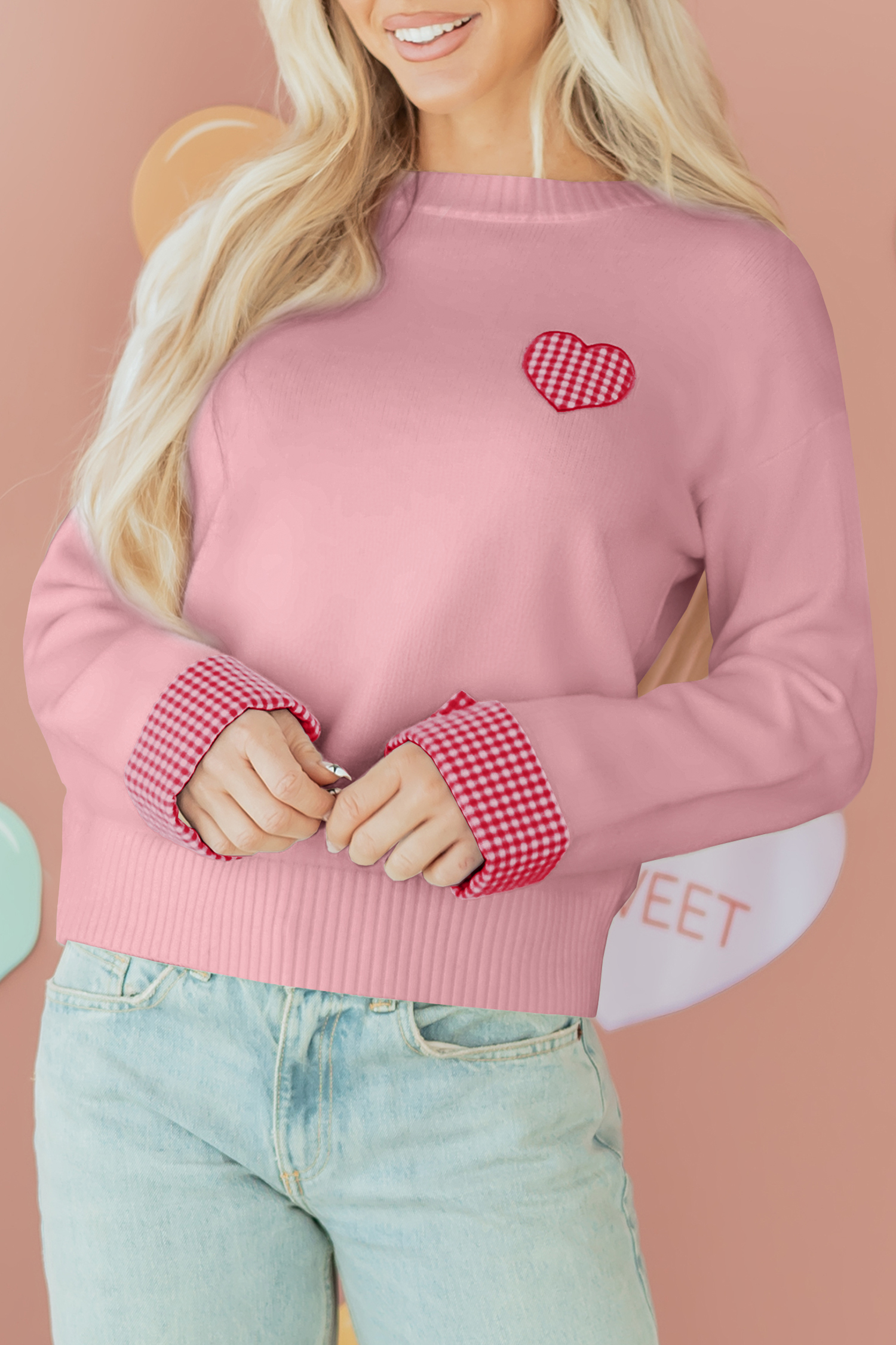 Light Pink Plaid Heart Embroidered Cuffed Drop Shoulder Crew Neck Sweater - loveforevers
