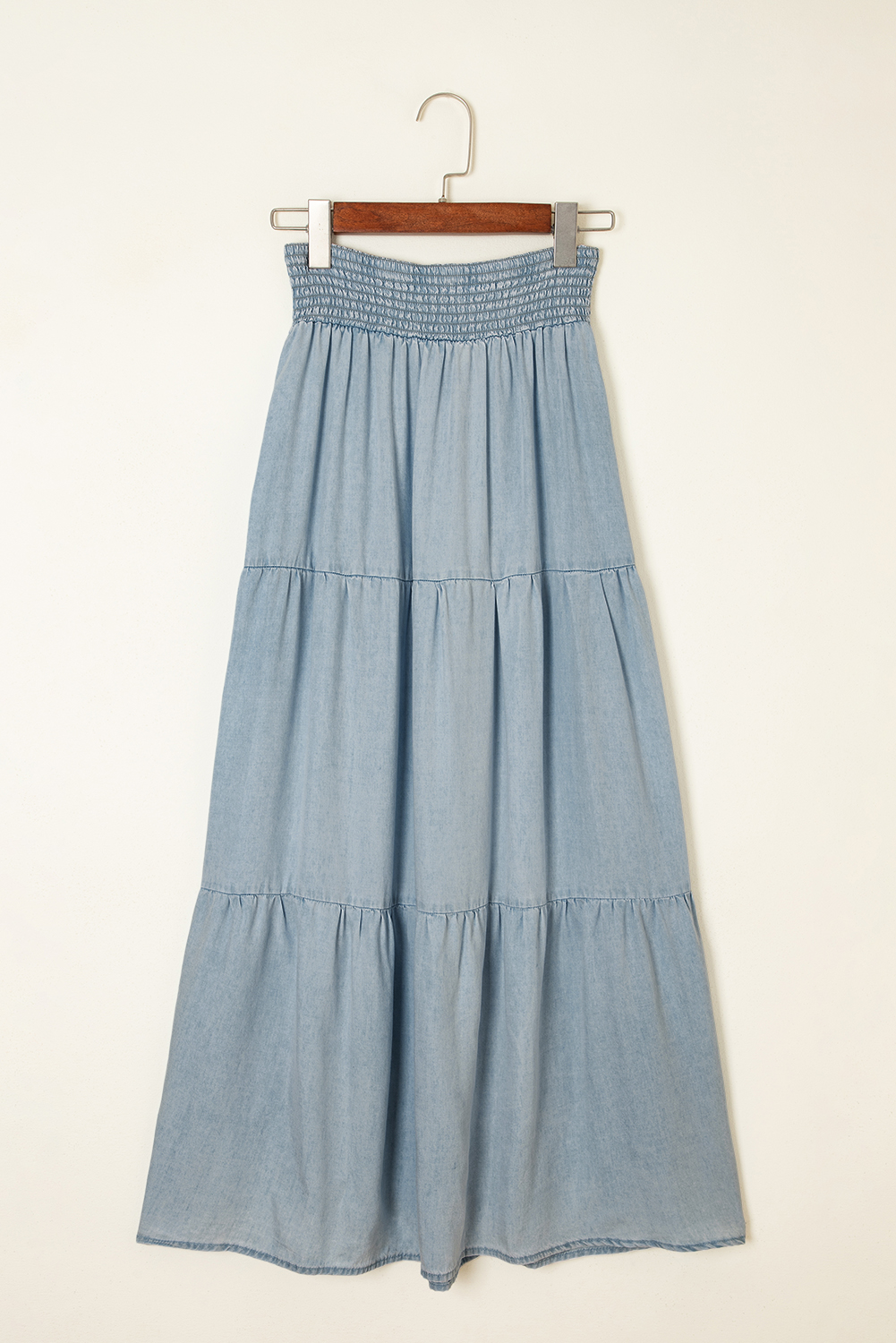 Beau Blue Tiered Smocked High Waist Denim Maxi Skirt - loveforevers