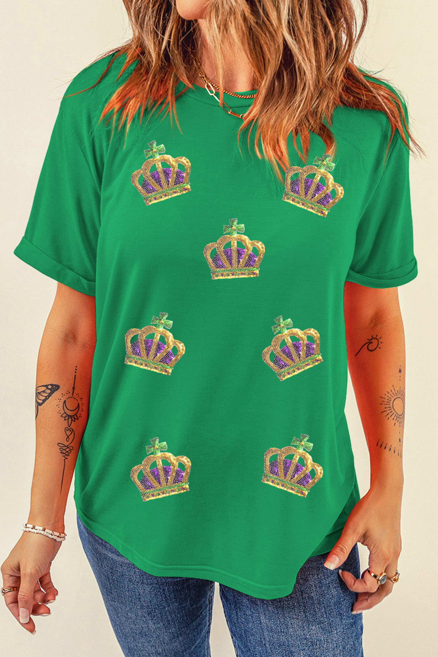 Bright Green Sequin Mardi Gras Crown Rolled Sleeve T Shirt - loveforevers
