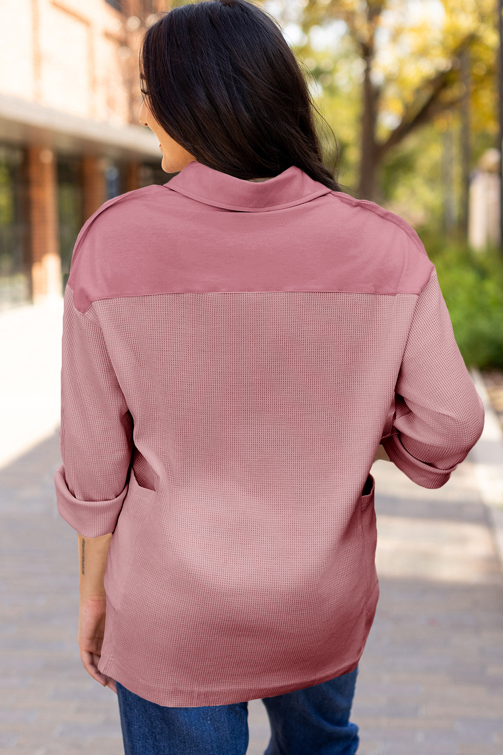 Pink Waffle Long Sleeve Collar Half Button Loose Top - loveforevers