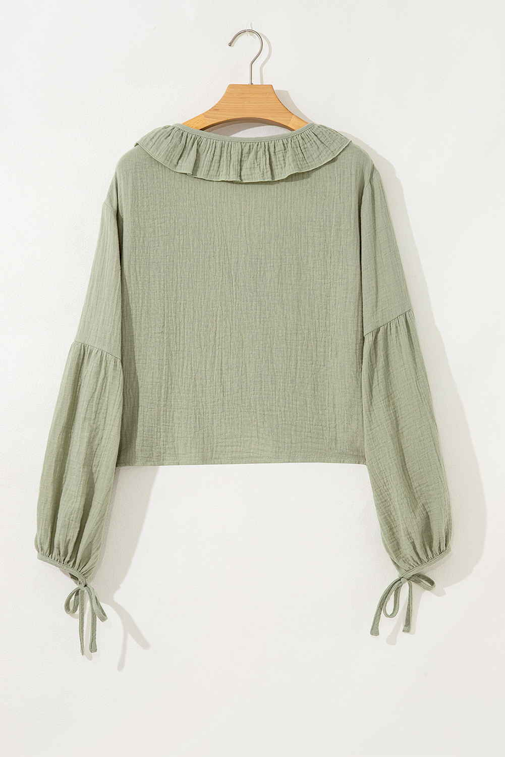 Meadow Mist Green Bow Tie Front Ruffle Trim V Neck Long Sleeve Gauze Blouse - loveforevers