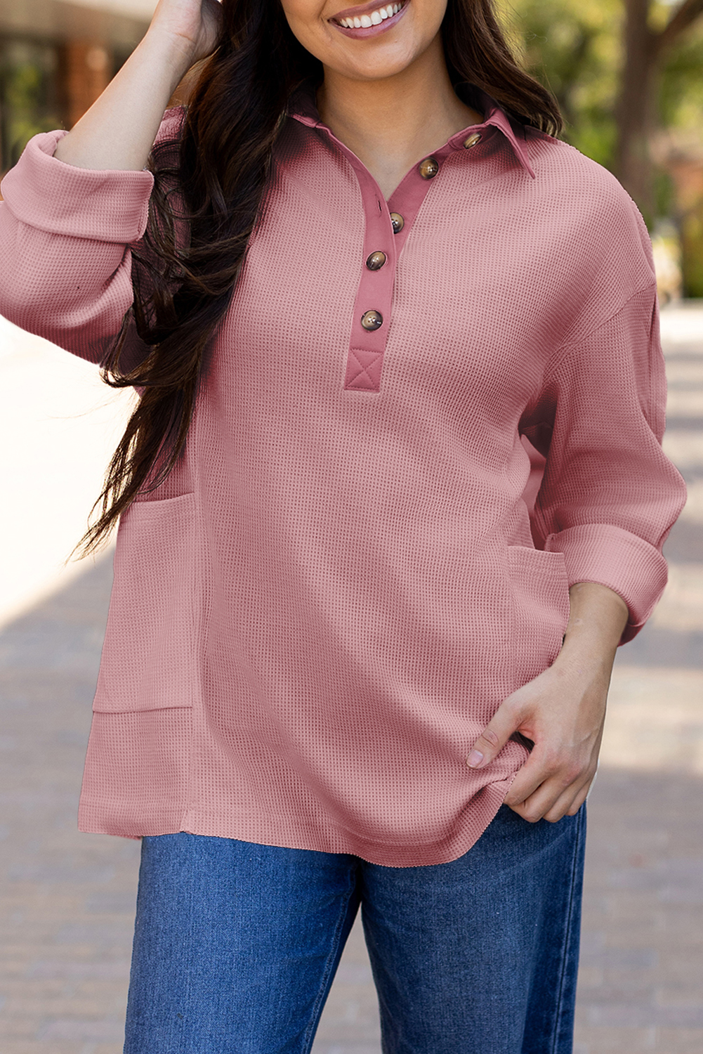 Pink Waffle Long Sleeve Collar Half Button Loose Top - loveforevers