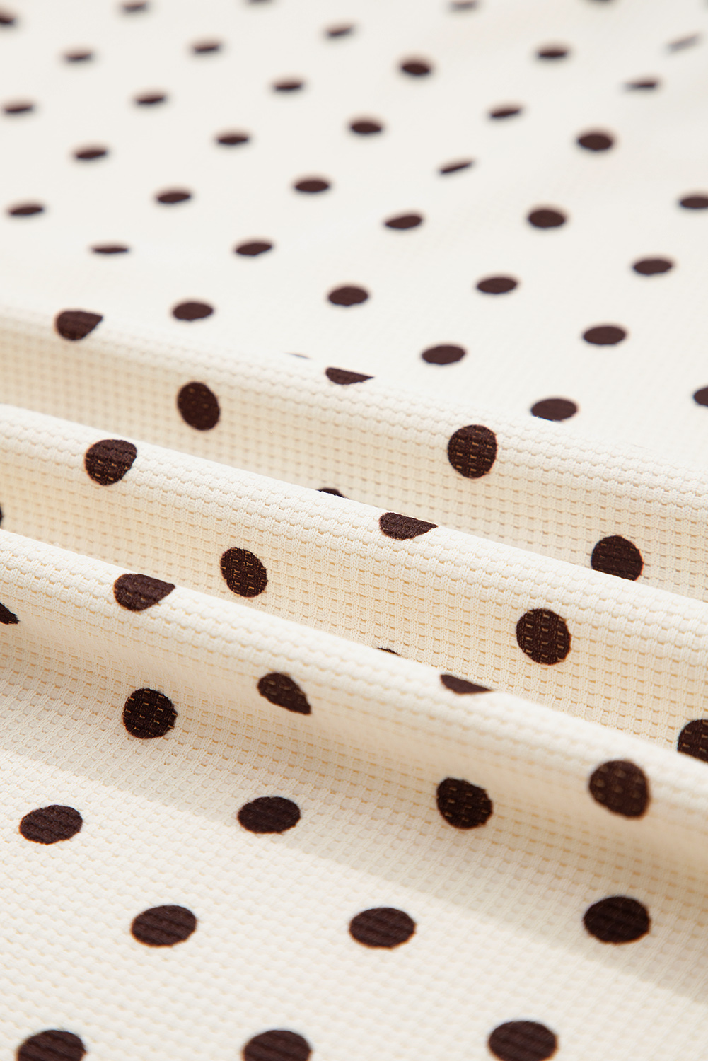 White Polka Dot Print Notched Neck Long Sleeve Top Drawstring Jogger Pants Waffle Knit Lounge Set - loveforevers