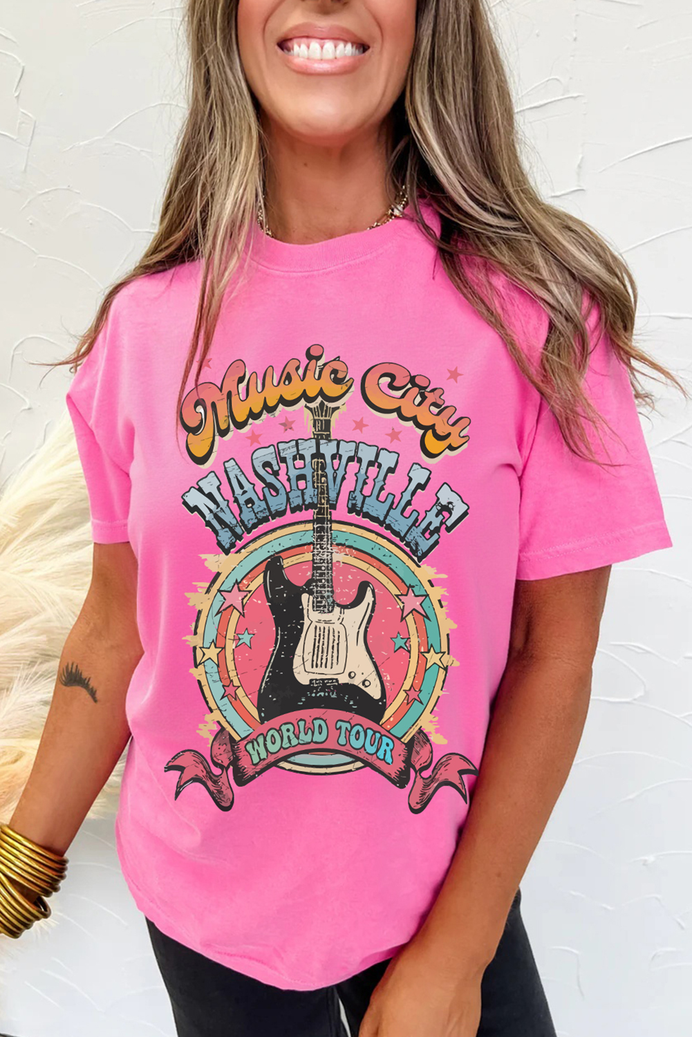 Sachet Pink Nashville WORLD TOUR Music City Guitarist Graphic Tee - loveforevers