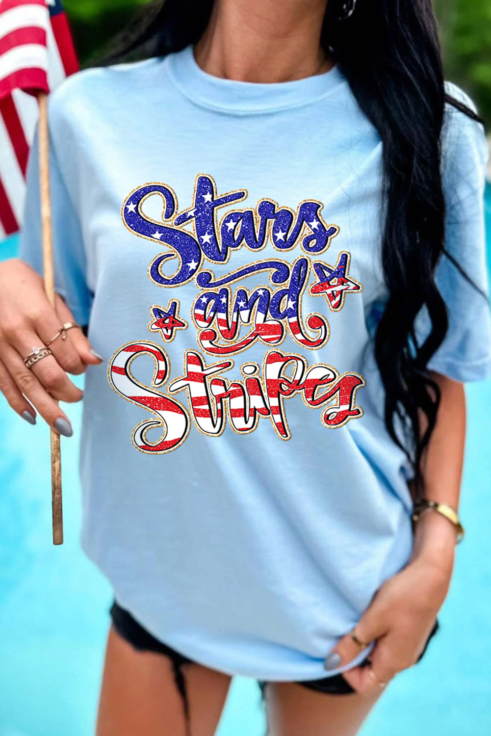 Light Blue Stars and Stripes Graphic July 4th Patriotic Tee - loveforevers