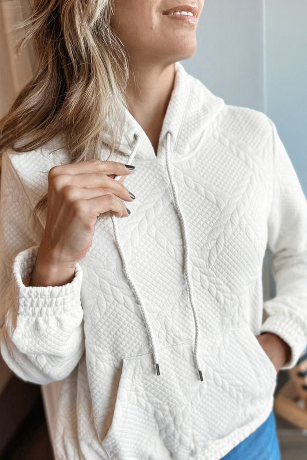 White Cable Lattice Texture Kangaroo Pocket Hoodie - loveforevers