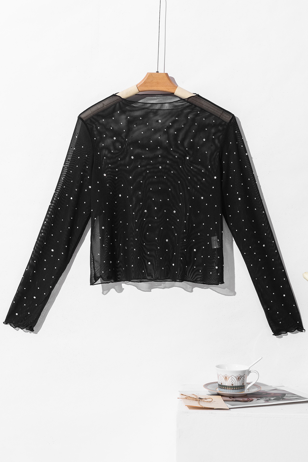 Black Rhinestone Sheer Mesh Slim Fit Long Sleeve Top - loveforevers
