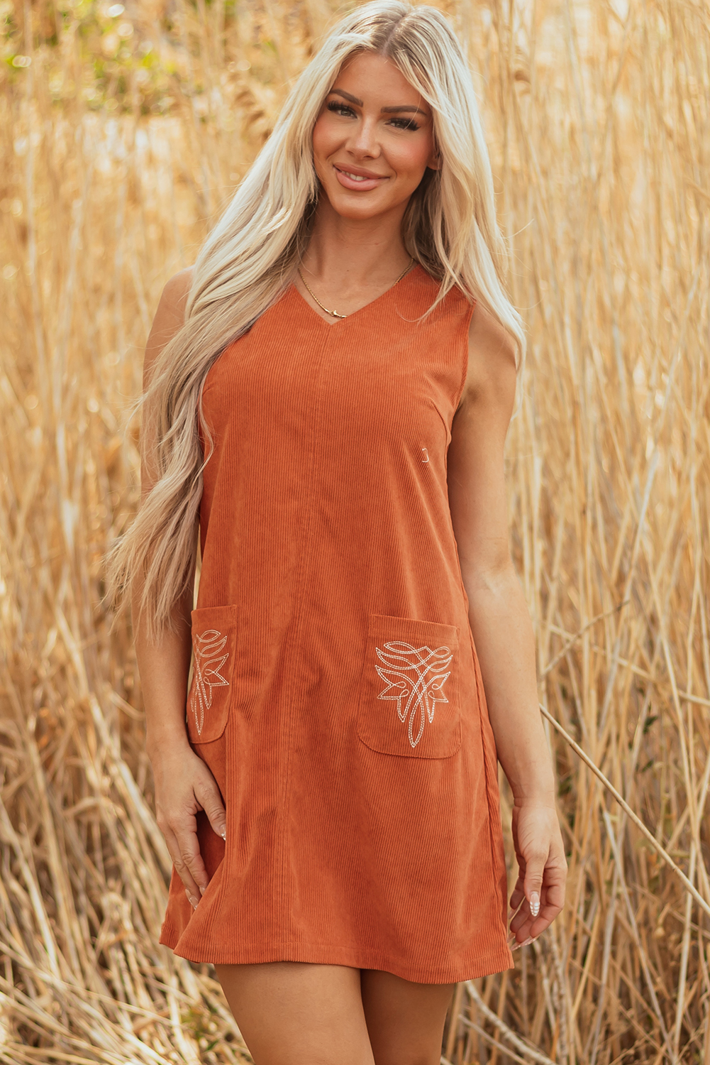 Gold Flame Corduroy Western Embroidered Patched Pocket Shift Sleeveless Mini Dress - loveforevers