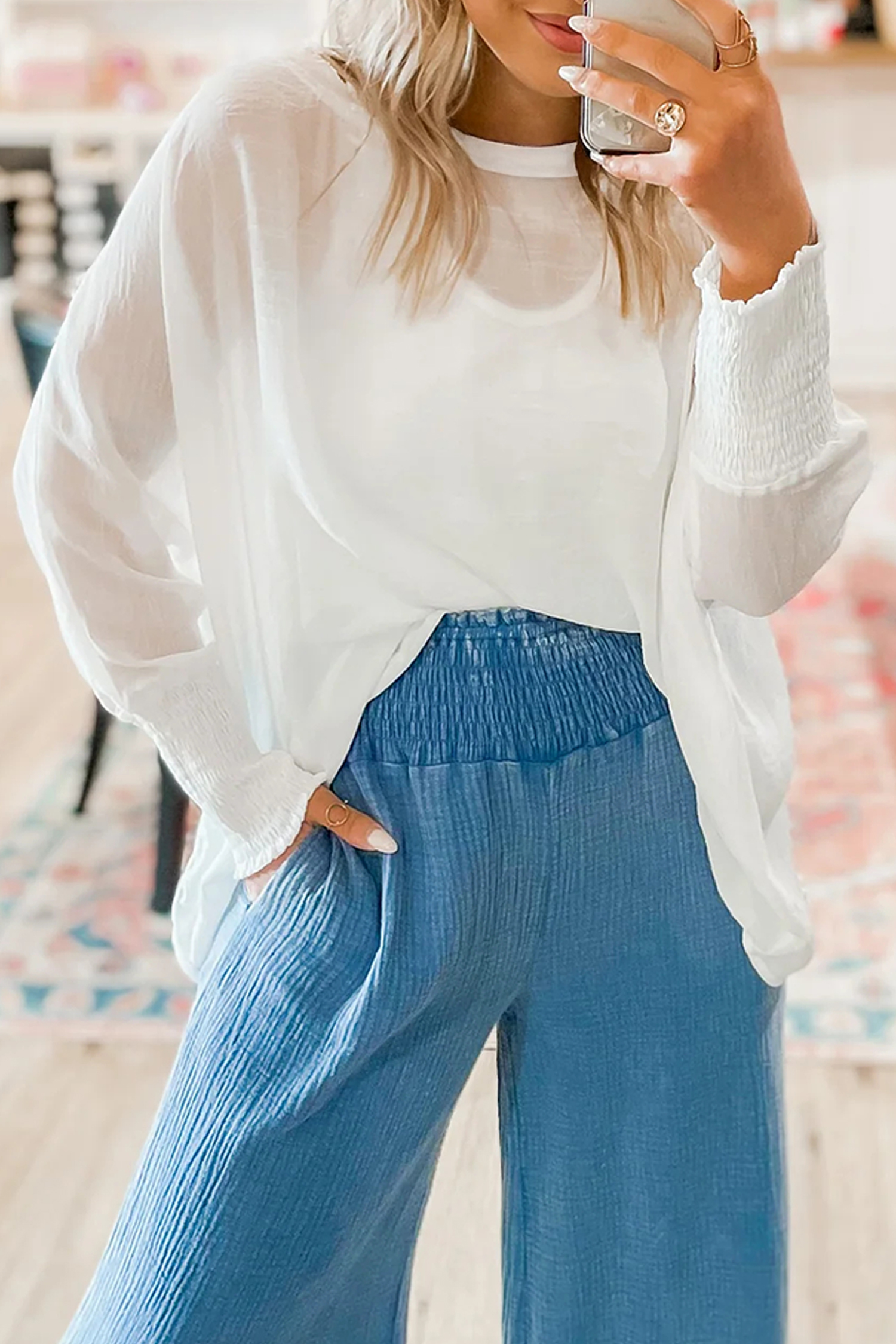 White Smocked Cuffs Semi Sheer Long Sleeve Dolman Blouse - loveforevers