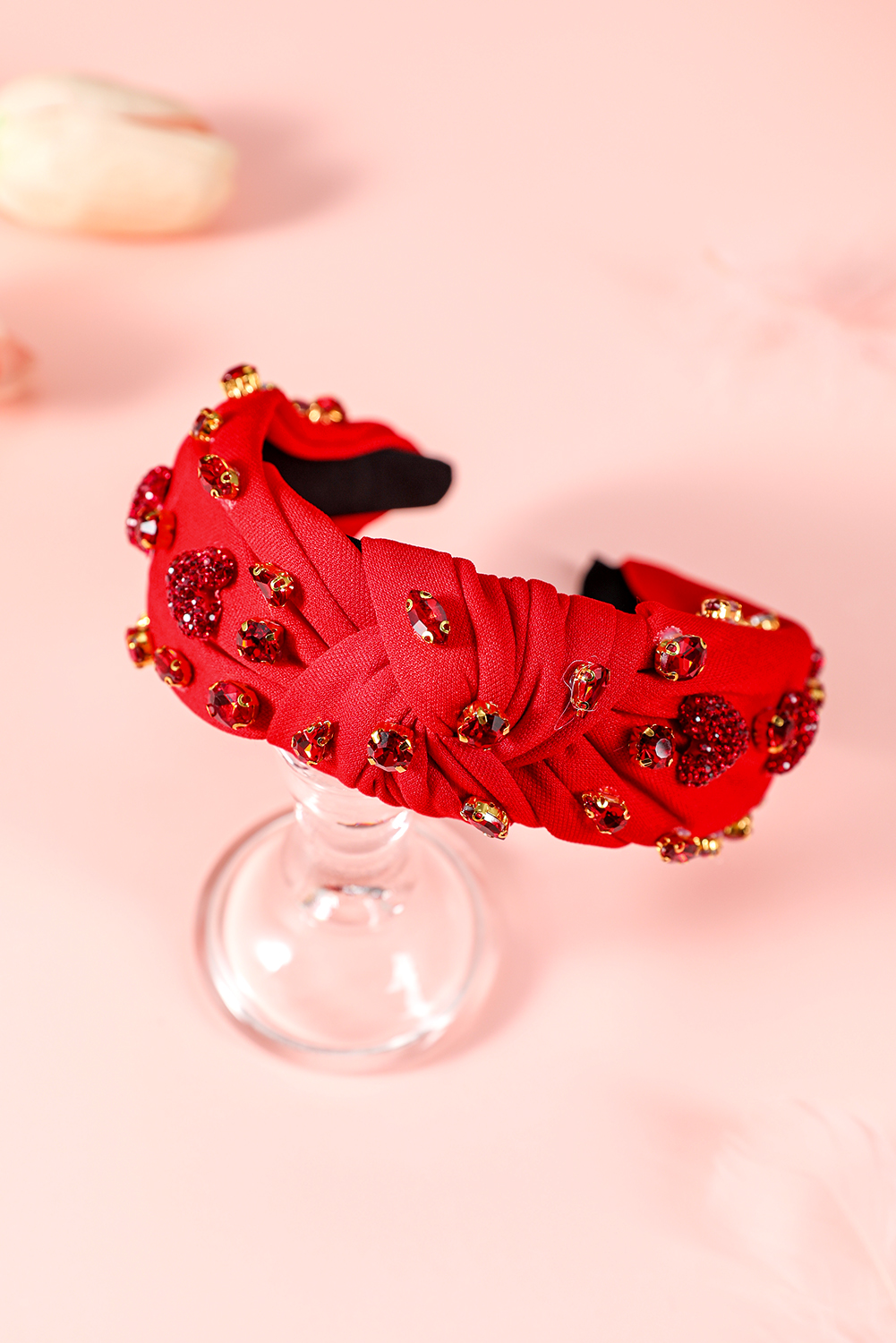 Fiery Red Rhinestone Heart Glass Drill Studded Knotted Wide Headband - loveforevers