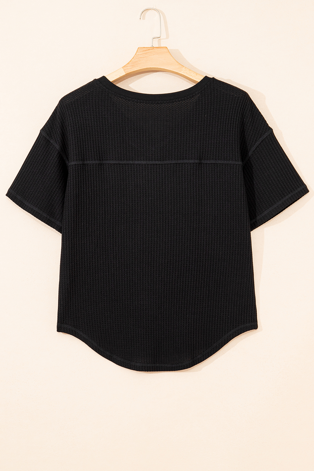 Black Waffle Texture Ribbed V Neck Drop Shoulder Loose Tee - loveforevers