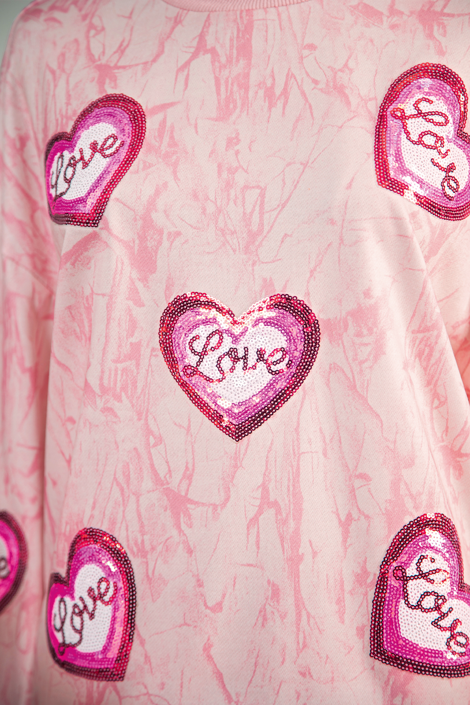 Pink Tie Dye Camo Sequin Love Heart Patched Mock Neck Sweatshirt - loveforevers