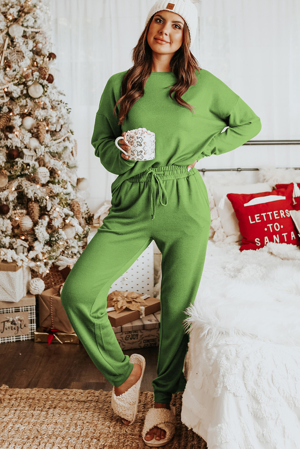 Spinach Green Long Sleeve Pullover and Jogger Pants Lounge Set - loveforevers