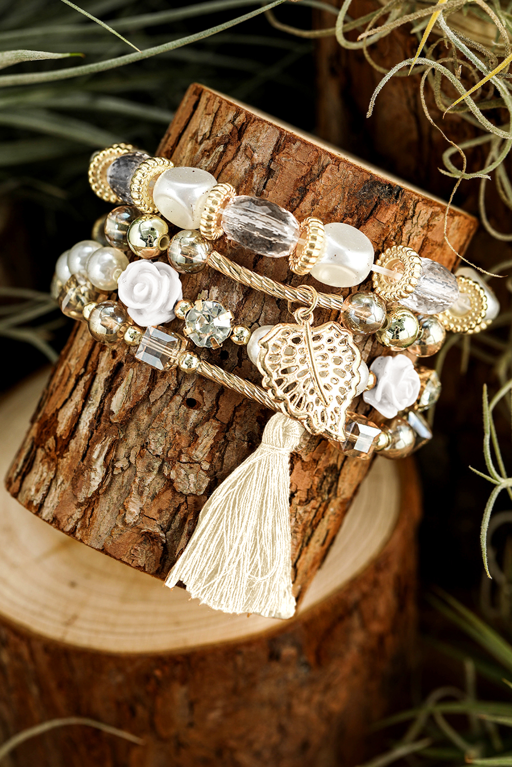 White Bohemian Rhinestone Beaded Fringed Layered Bracelet - loveforevers