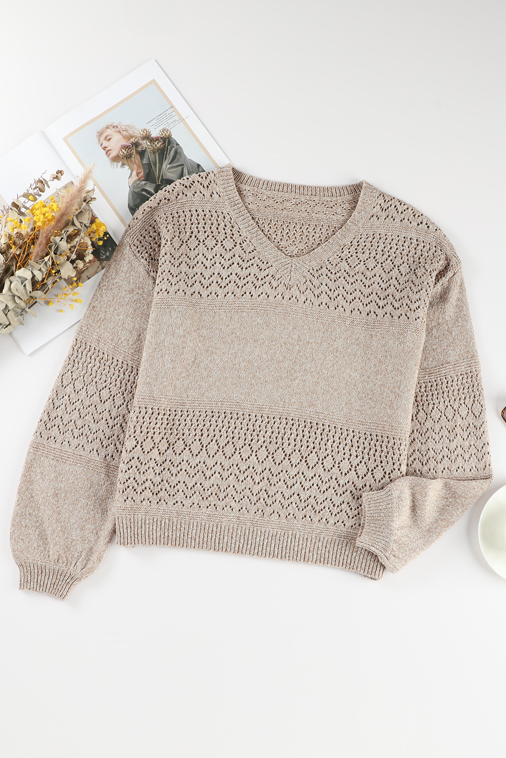 Sky Blue Eyelet Pattern Detail V Neck Drop Shoulder Sweater - loveforevers