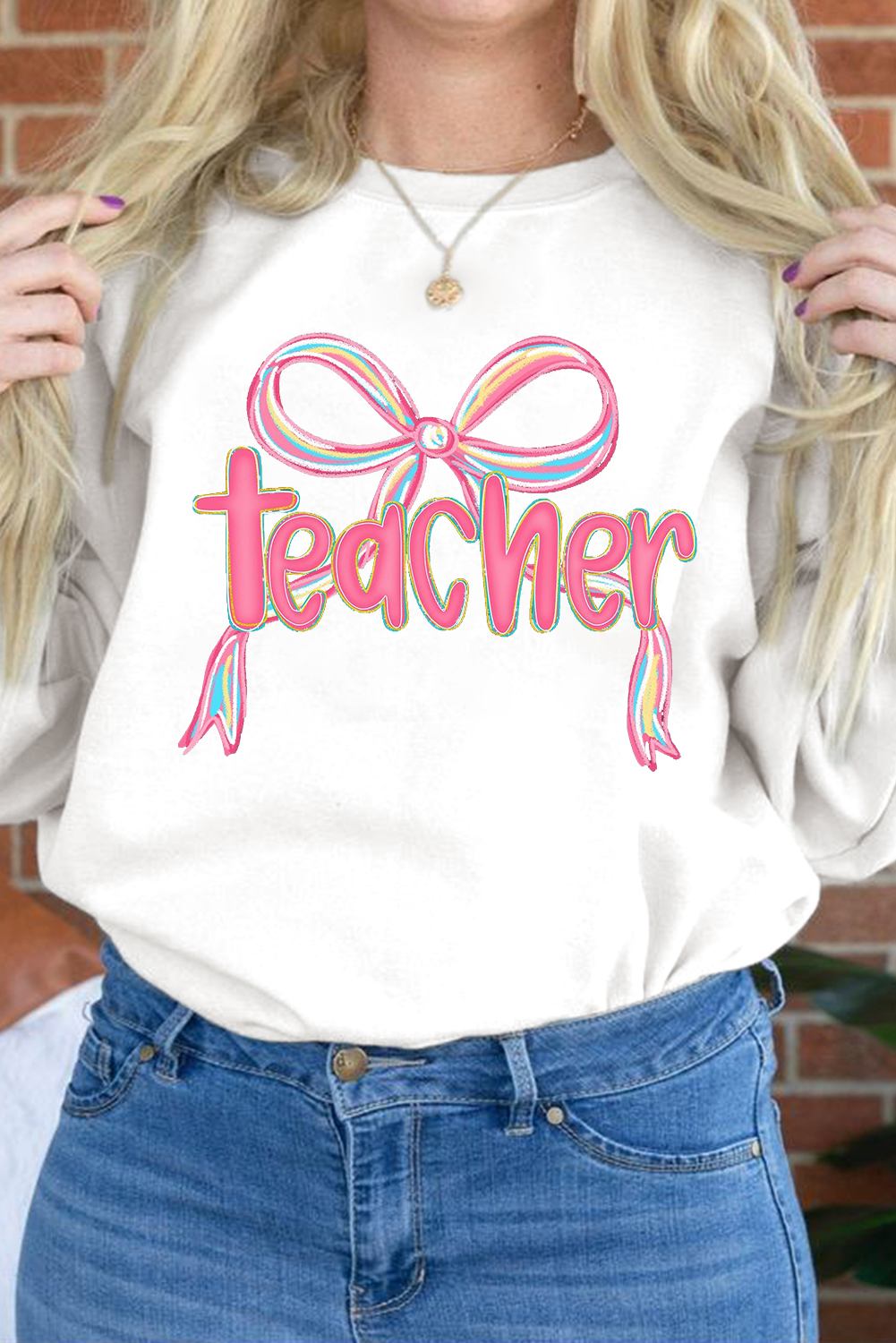 White Teacher Bow PNG Graphic Pullover Sweatshirt - loveforevers