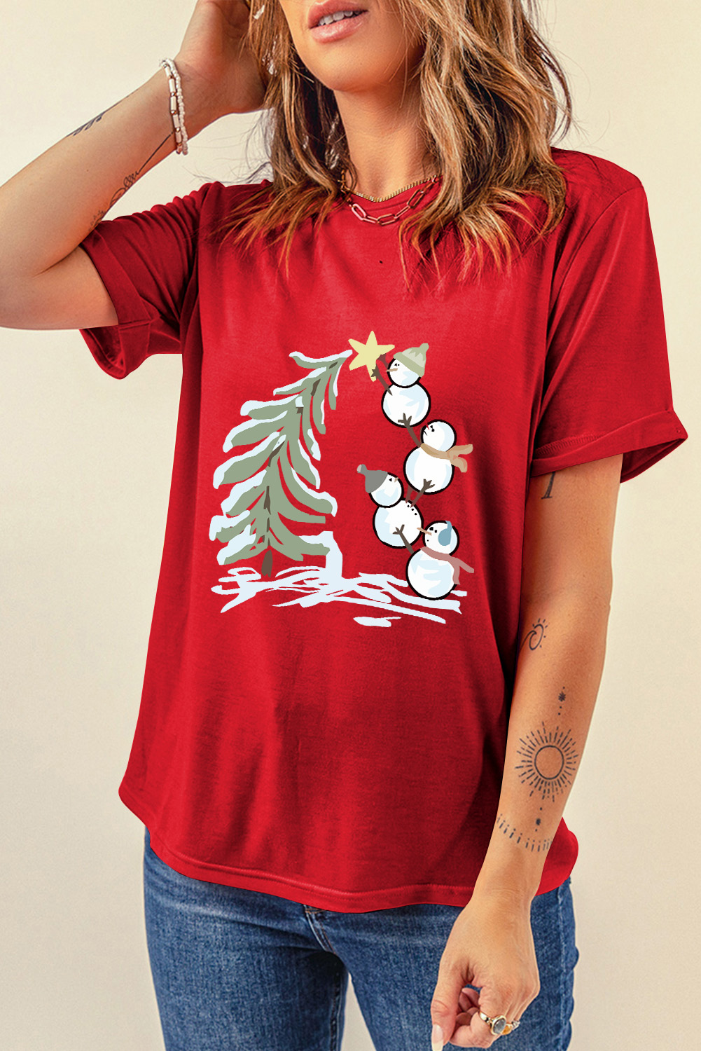 Red Christmas Tree Snowman Printed Crewneck T Shirt - loveforevers