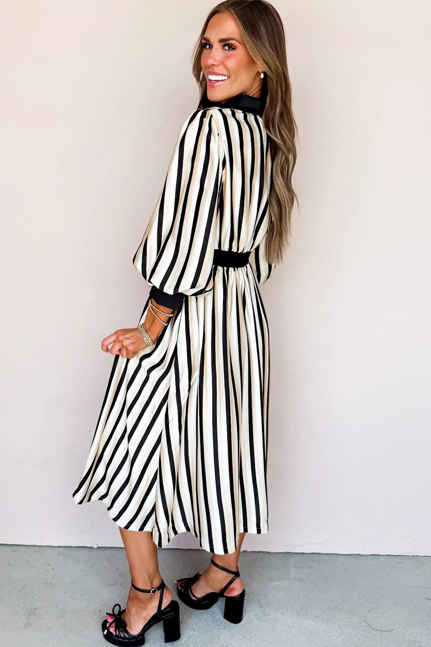 Black Stripe 3/4 Puff Sleeve Shirt Style Button Down Midi Dress - loveforevers