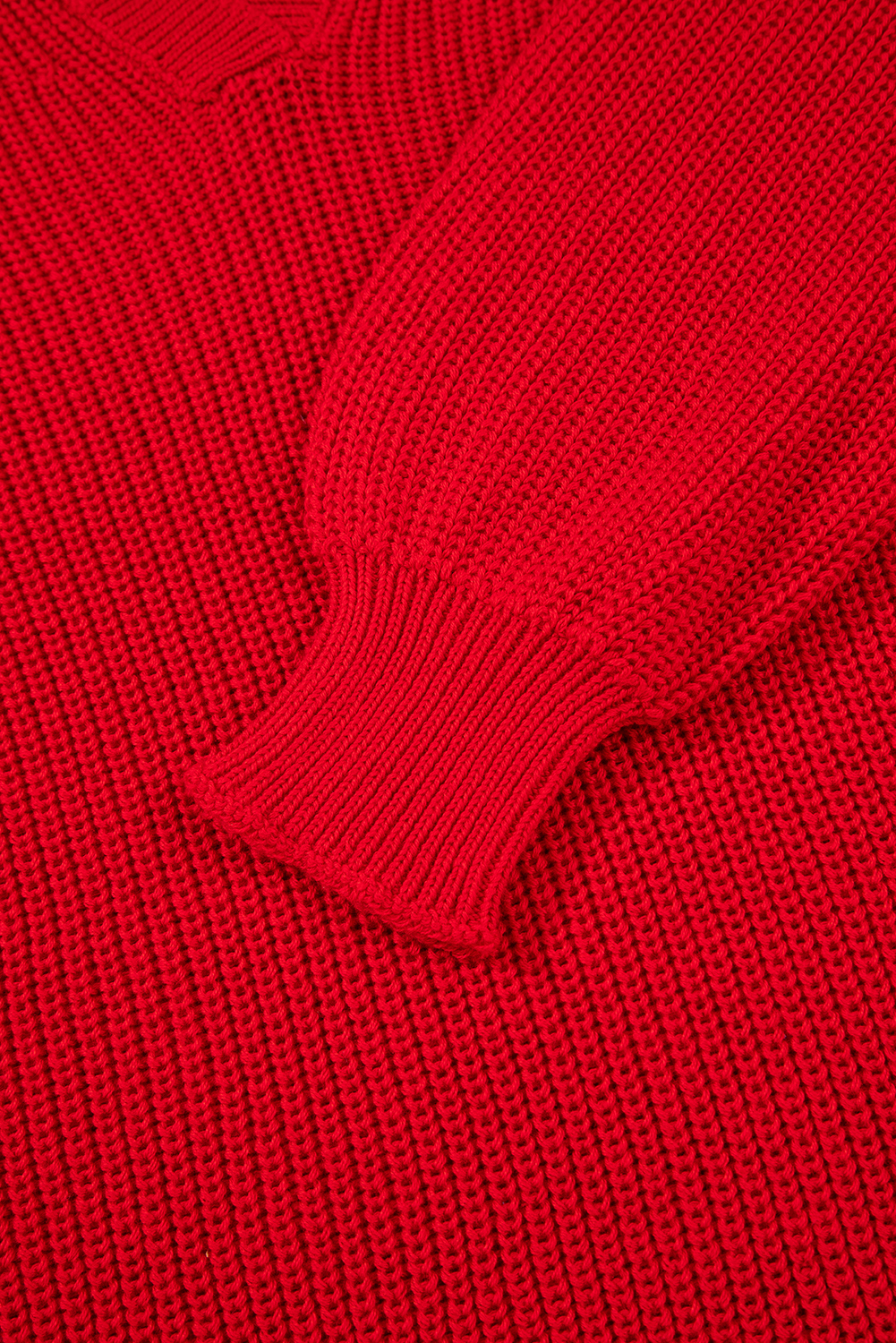 Racing Red Solid Textured Knit V Neck Drop Shoulder Sweater - loveforevers