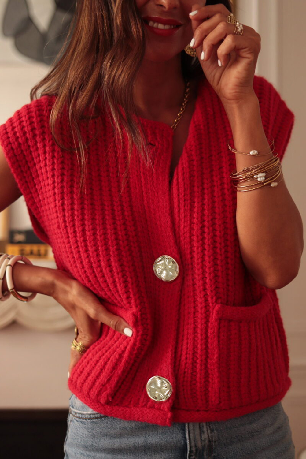 Fiery Red Solid Textured Knit Side Pockets Buttoned Sweater Vest - loveforevers
